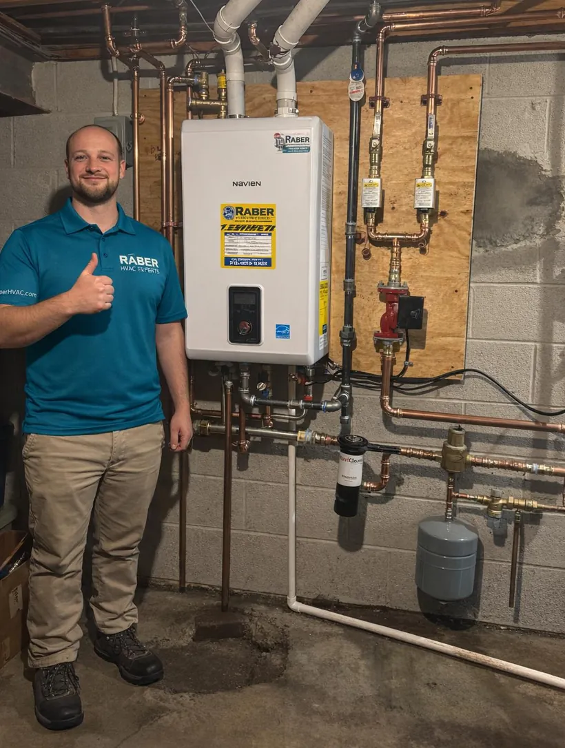 Raber technician mounting a tankless water heater and running the gas and water connections