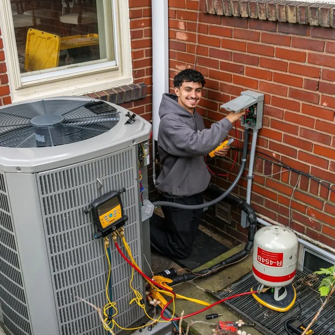 Raber technician at an outdoor disconnect beside a condenser, with an R-454B refrigerant cylinder on the ground, photographed on a Raber job in Northeast Ohio