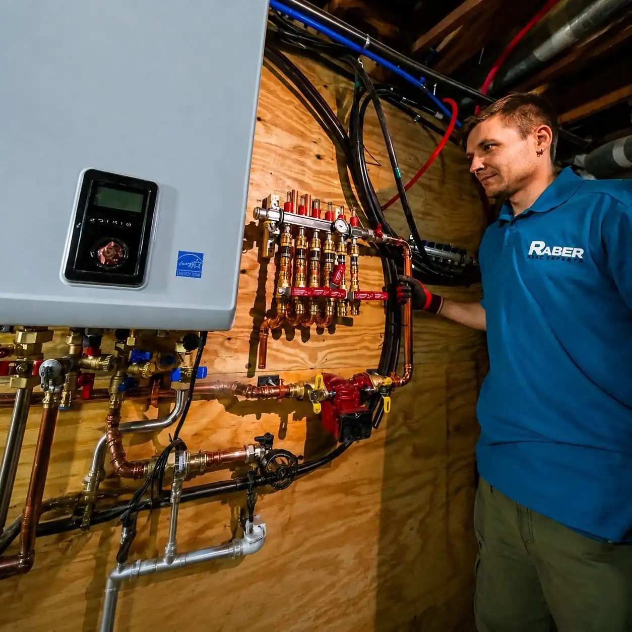 Raber technician checking a wall mounted combi boiler and its brass manifold during start up, photographed on a Raber job in Northeast Ohio